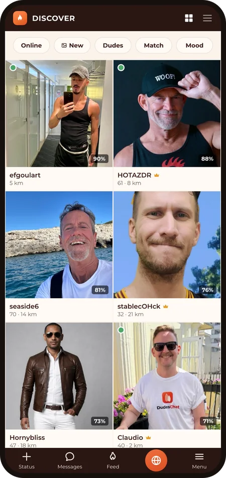 DudesChat Discover screen: a grid of nearby members with match scores