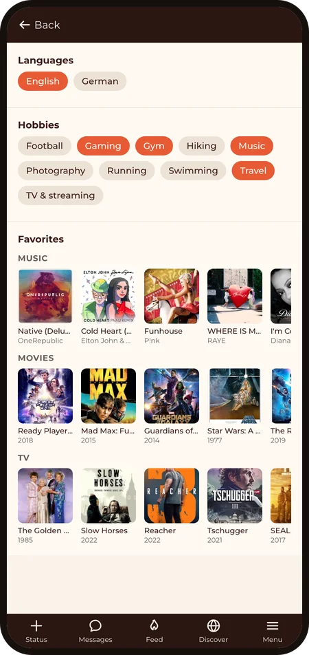 DudesChat profile: languages, hobbies and favourite music, movies and TV