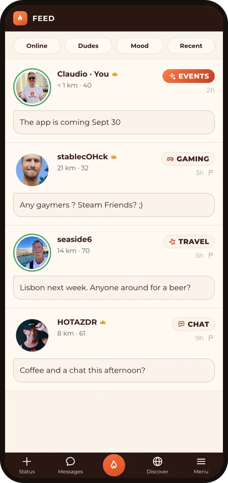 DudesChat Feed: members' statuses tagged with a mood
