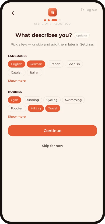 Step 3 of 4: What describes you, languages and hobbies
