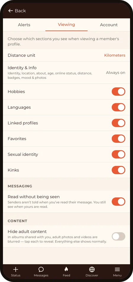 Settings, Viewing tab: which sections you see on other profiles