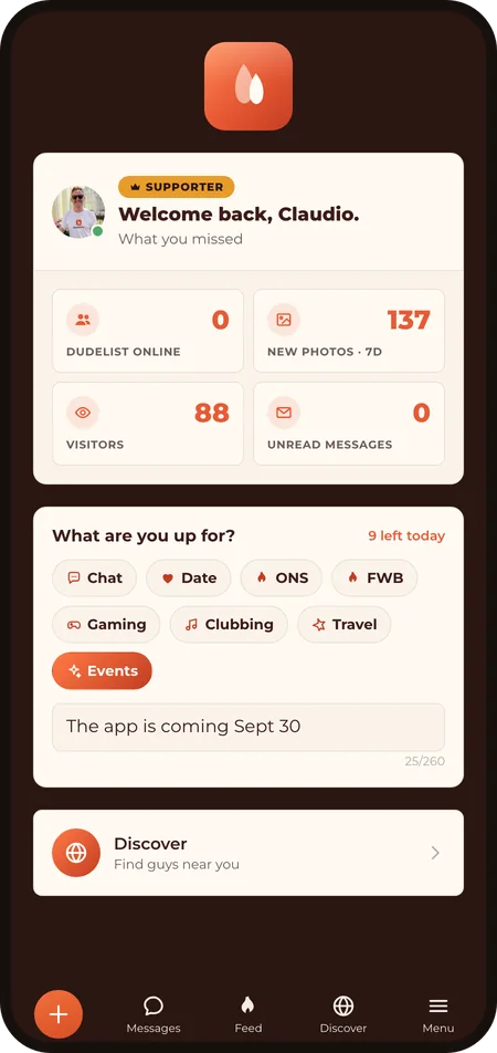 The Status screen: What are you up for? with the Events mood and a tagline