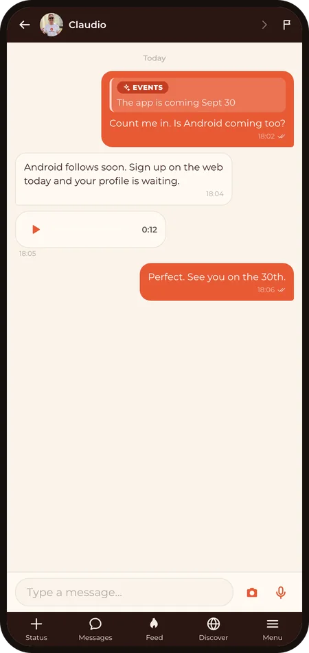 A conversation: a reply quoting his Events status, his answer and a voice note