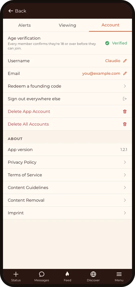 My Account with Delete App Account and Delete All Accounts